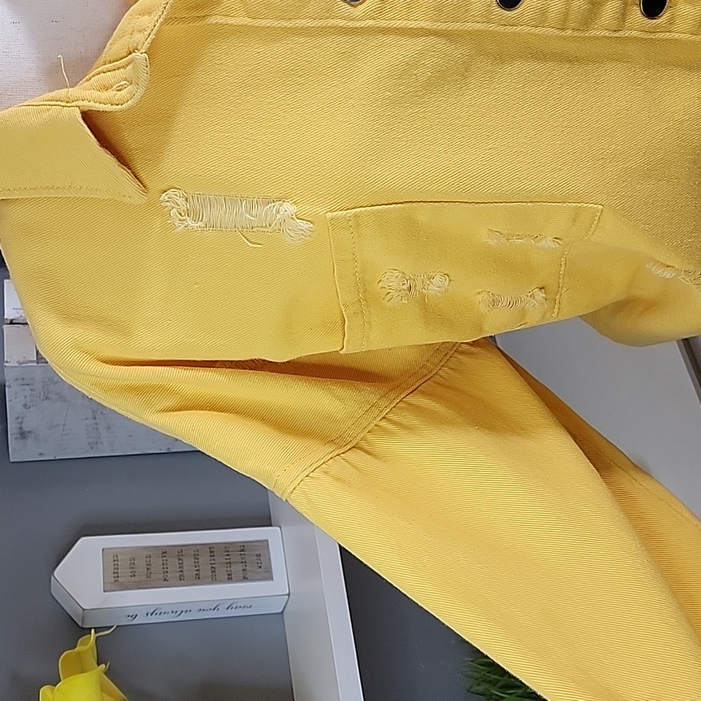 Yellow Shacket Distressed Button Down Long Sleeve… - image 3